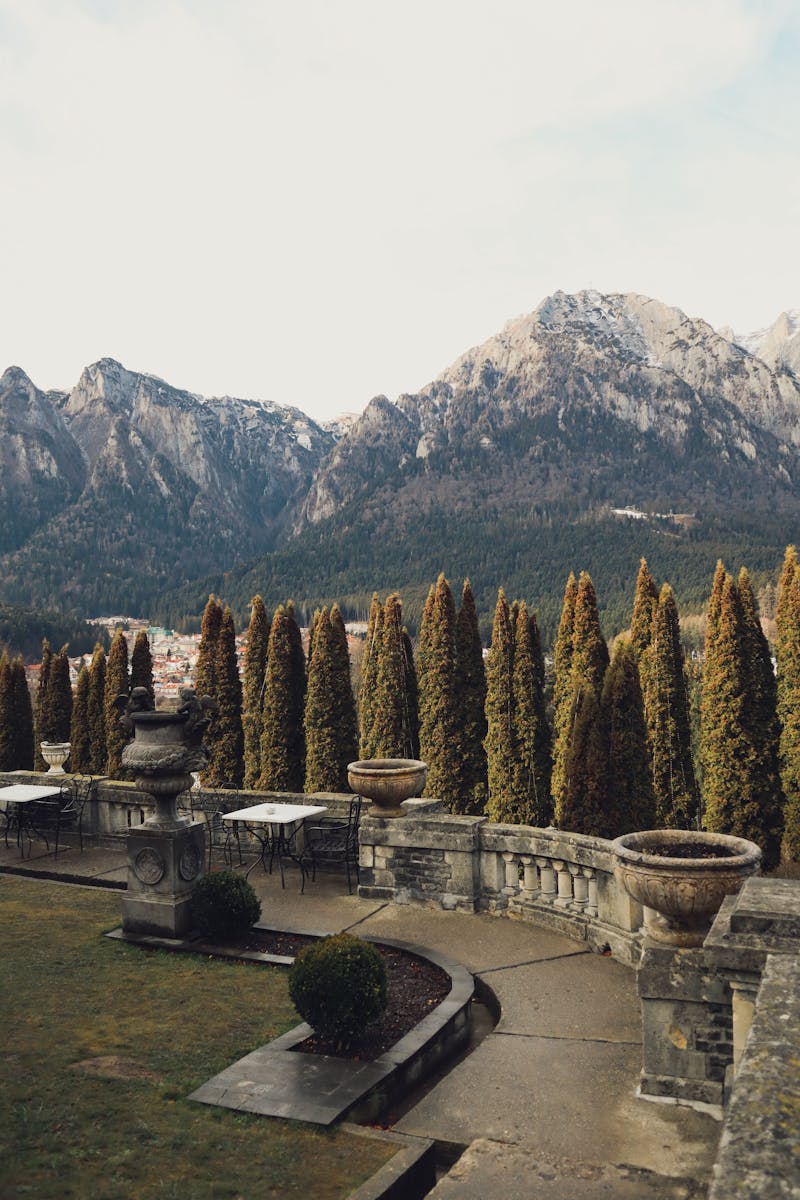 Beautiful garden view with stone balustrade and mountain backdrop in daylight.